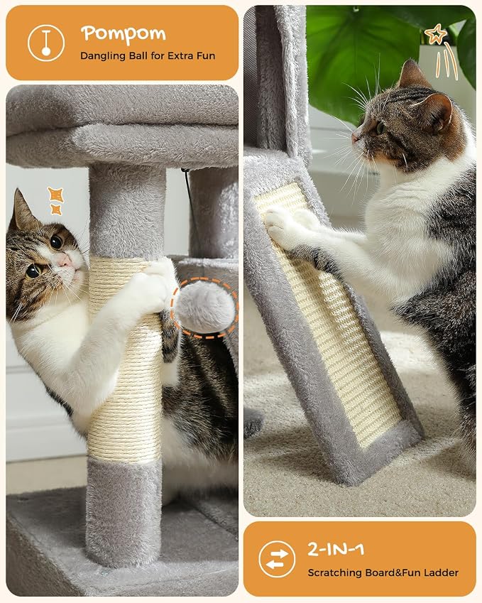 PAWZ Road 30" Cat Tower, Small Cat Tree with 2 Condos for Indoor Cats | cat trees for small cats,cat houses with scratching ramp and posts,dual condos&top perch for multi-cat