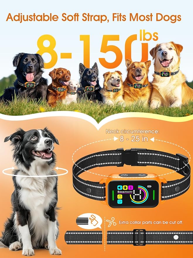 DINJOO Bark Collar for Large Medium Small Dogs - Smart AI 1S Stop Barking, Anti Barking Device & Dog Training Collar with Beep, Vibration & 8-Level Sensitivity, IP67 Waterproof - Pastel Orange