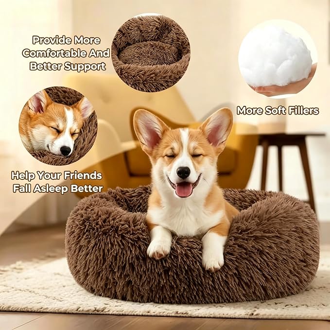 Calming Donuts Dog And Cat Bed, Anti-Anxiety Round Fluffy Soft Washable Small Medium Pet Bed For Puppy And Kitten, Cuddler Warming Comfortable Luxury Anti-Slip Waterproof Mute Base 24in Coffee