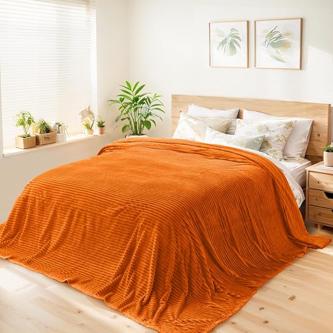 Vessia Flannel Fleece Queen Size Blanket for Bed,Couch,Sofa(90x90 inch), 300GSM Microfiber Burnt Orange Striped Bed Blanket for Adults, Super Soft Warm Cozy Lightweight Ribbed Decor for All-Season