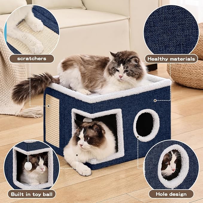 Large Cat Houses for Indoor Cats with Fluffy Ball and Scratch Pad | Foldable Cat Bed Cave for Multiple Pets, Kitten Bed for All Seasons, Non-slip, Hold Up to 30LBS, 16x16x13inch, Blue