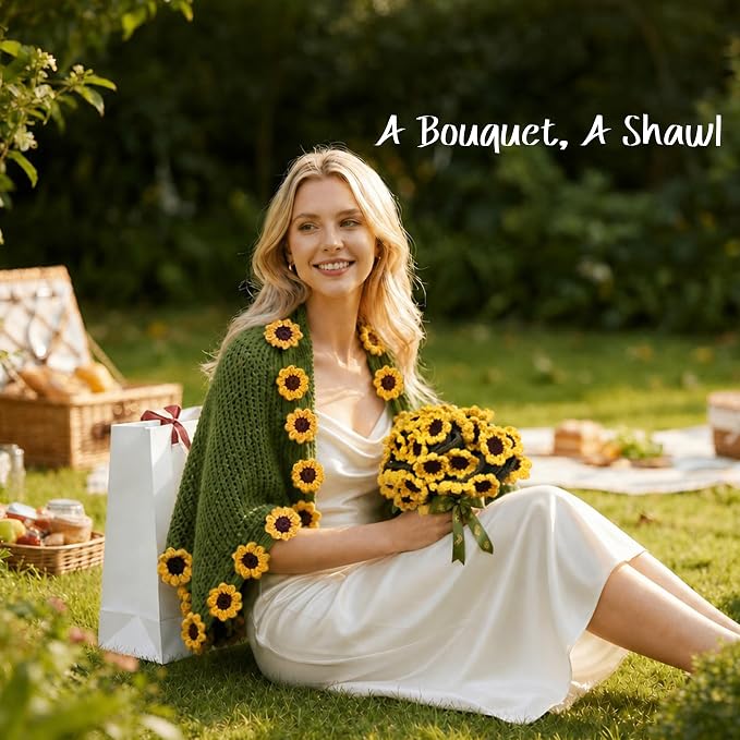 Sunflower Crochet Flower Bouquet Blanket, 43 Inch Gift Throw, 36 Sunflowers | Gift bag, writable card, machine washable, hand-crocheted sunflowers, ready for sunshine gifts and special moments.