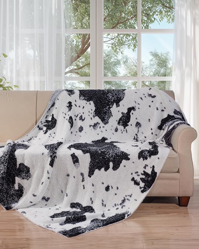 Knit Throw Blanket for Couch, Soft Cozy Fluffy Knitted Blanket for Sofa, Bed, Gift for Women Girls Home Decor (Cow-Black, Twin 60"x80")