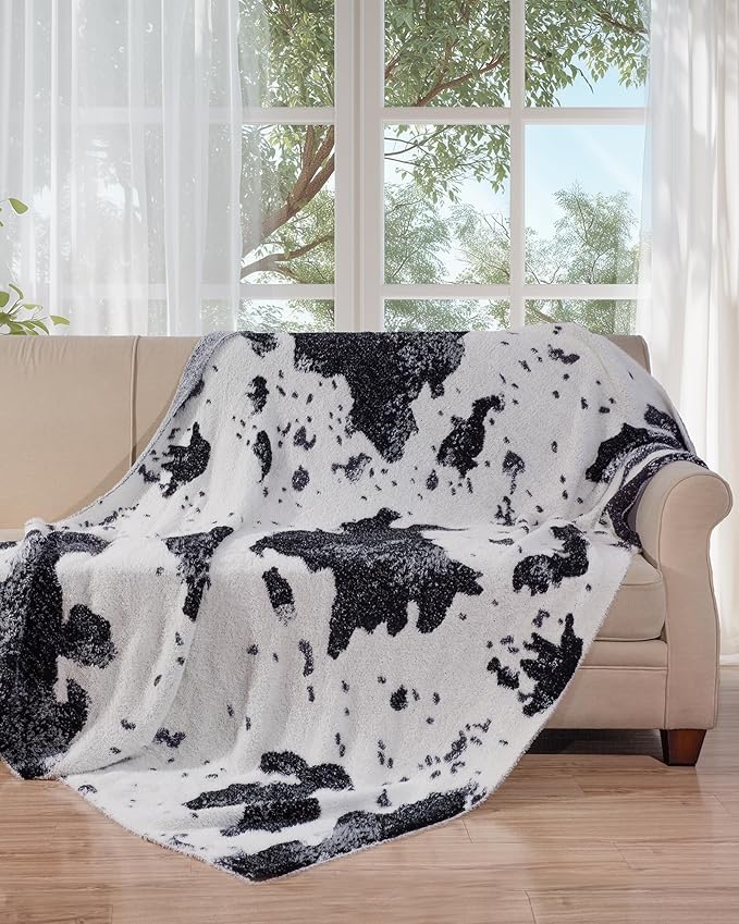 Knit Throw Blanket for Couch, Soft Cozy Fluffy Knitted Blanket for Sofa, Bed, Gift for Women Girls Home Decor (Cow-Black, Throw 50"x60")