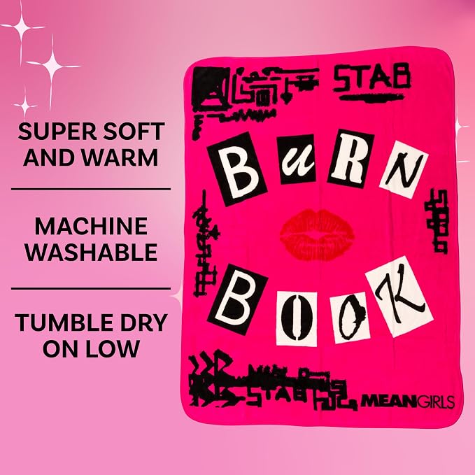 Silver Buffalo Mean Girls Burn Book Regina George, Karen Smith, Gretchen Wieners, and Cady Heron 45" x 60" Fleece Throw, Soft and Cozy Blanket, 250 GSM