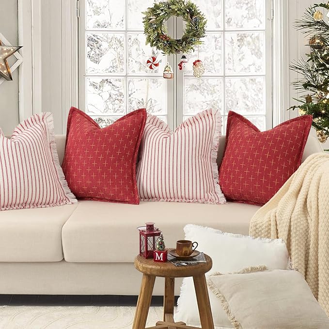Christmas Pillow Covers 26x26 Set of 2 Soft Polyester Textured Red Pillows with Stylish Flange Edge Cozy Farmhouse Christmas Decor for Couch Bed Sofa Living Room (Red)