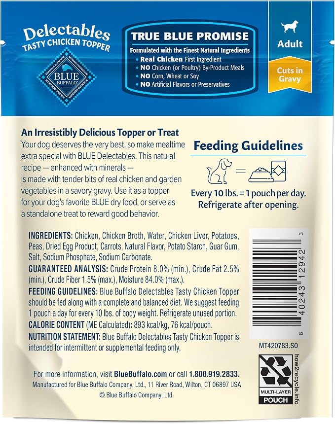 Blue Buffalo Delectables Chicken Grain-Free Dog Food Topper, 3 oz, 24 ct | Grain-Free, Real Chicken Cuts in Gravy, Single-Serve Pouches, No Corn, Wheat, or Soy
