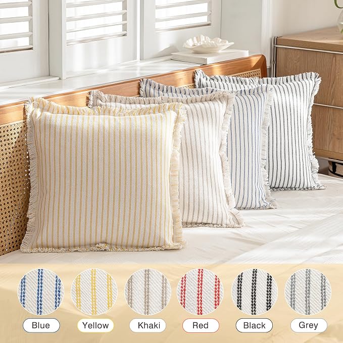 YEENAASY Throw Pillow Covers 20x20 Boho Striped Pillow Cases with Tassel | Set of 2 Fringe Pillow Cover Farmhouse Cushion Covers Neutral Pillows Decorative Square Pillowcase for Couch Sofa Bed, Grey