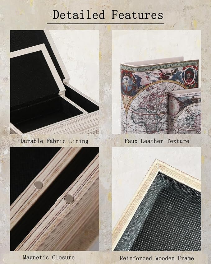 Decorative Wooden Book Box Set of 2 - Vintage Faux Book Boxes for Home Decor, Secret Storage with Magnetic Closure, Antique Style, Map Pattern Leather Cover Design, Perfect for Home Office Bookshelf