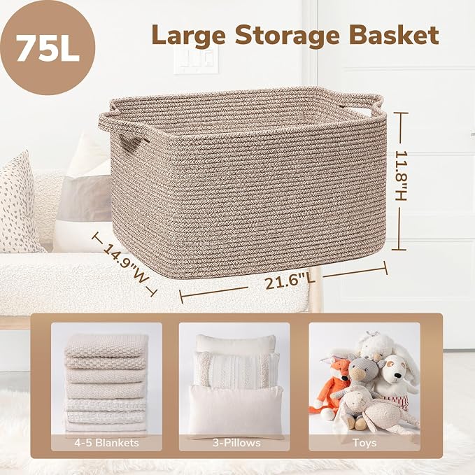 Goodpick Large Woven Rope Blanket Basket, Rectangle, Brown, 75L | 21.6'' x 14.9'' x 11.8'' Storage Basket for Blankets, Toys & Clothes, Living Room & Nursery Organization, Reinforced Handles