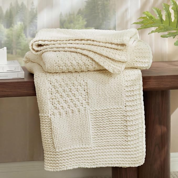 Knit Throw Blanket, Soft Chenille Cozy Breathable Checkered Chunky Decorative Blanket for Couch, Bed & Sofa, French-Inspired Lightweight Warm Gift for Women, Ivory, 50"x60"