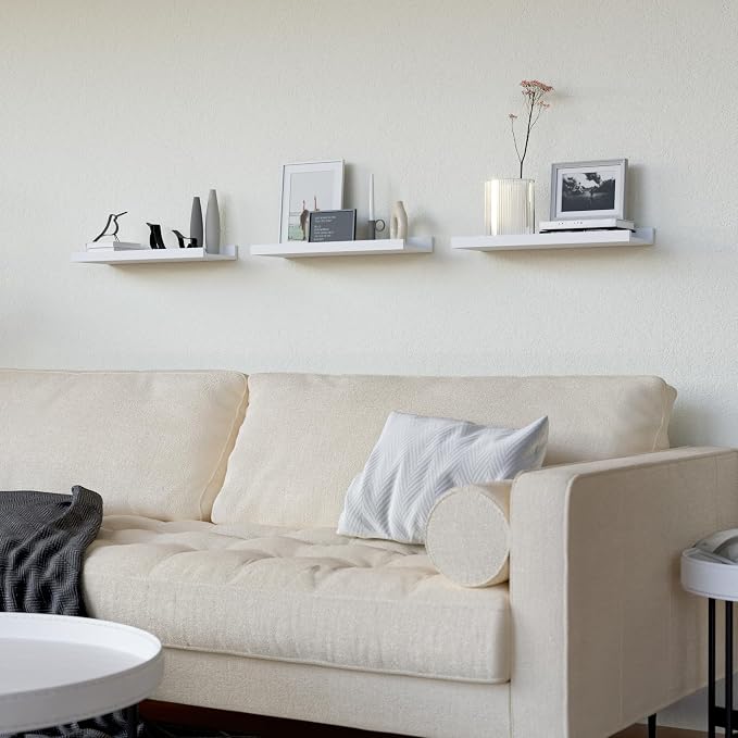RICHER HOUSE 3-Set Floating Shelves with Lip, White Small Wall Shelf, 16In | Display Picture Ledge Shelf, Anti-drop lip Shelf for Room Wall Decor, Bedroom Bathroom Storage Nursery Books, Easy Setup,Wood