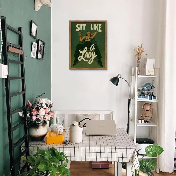 Framed Feminist Wall Art, Vintage Sit Like a Lady Green Wall Decor, Bold Girl Power Feminine Poster Print, Retro Empowering Female Canvas Painting Aesthetic for Bedroom Dorm 16x24 inch