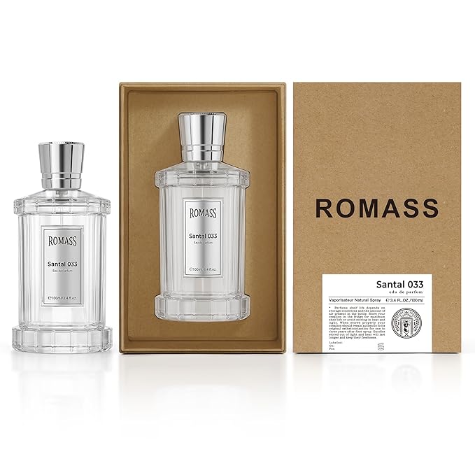 ROMASS Santal 033 Unisex EDP Parfum Spray 100ML Aromatic Woody Fragrance with Cardamom Violet Cedarwood Sandalwood Vetiver Musk Leather Violet