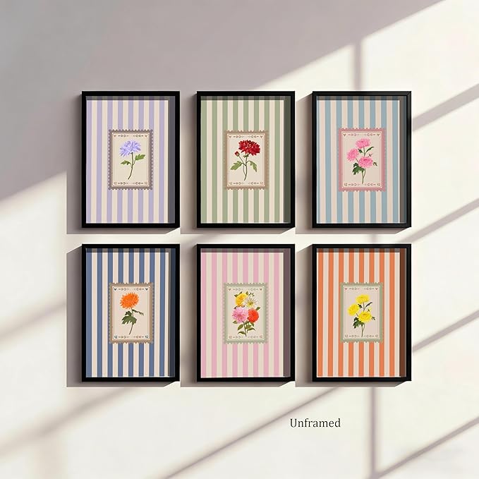 Vintage Floral Posters Wall Art Set of 6, Coquette Cute Stripe Botanical Stamp Canvas Wall Decor Painting, Colorful Flower Artwork Posters Prints for Bedroom Girls Room Dorm 8x10 Inch Unframed