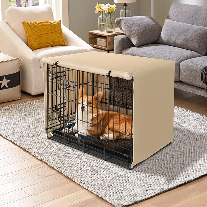 Seiyierr Dog Crate Cover - Kennel Cover Fit for 48 Inch Dog Crate, Double Door Polyester Crate Cover for Wire Dog Crate Indoor Outdoor Protection, Light Tan