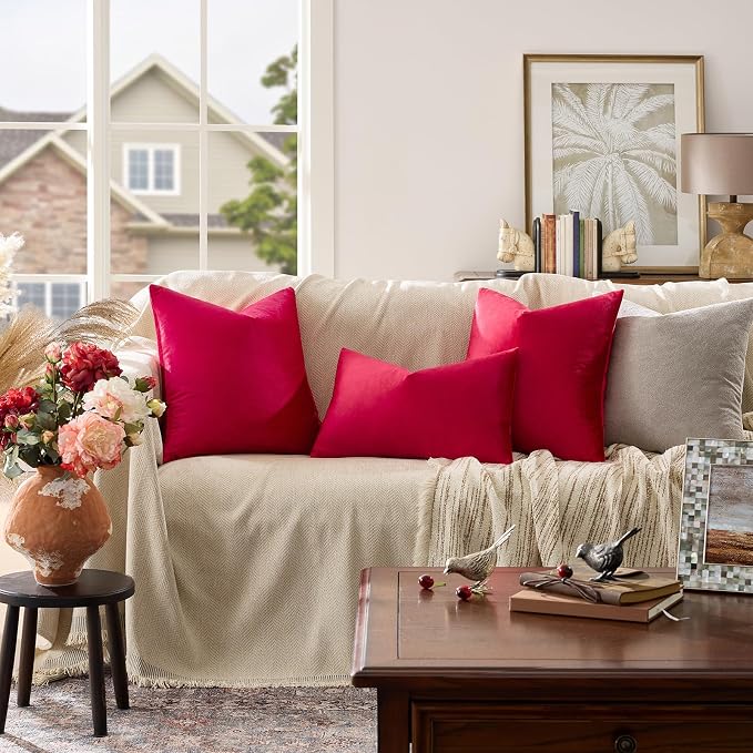 GIGIZAZA Red Velvet Pillow Covers 18x18 Decorative Pillows Pack of 2 | Throw Pillows for Couch Sofa,280gsm Soft Textured Fabric,Modern Square Pillowcases,Luxury Cushion Covers
