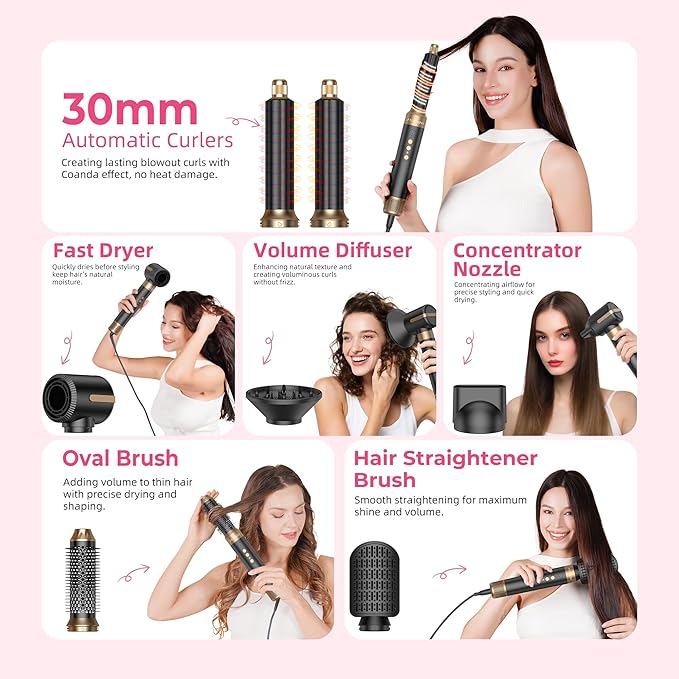 Atopskins Blow Dryer Brush, 7 in 1 Hair Dryer Hot Air Brush 110,000 RPM with Negative Ion Hair Styler for Fast Drying Straightening Curling Voluming