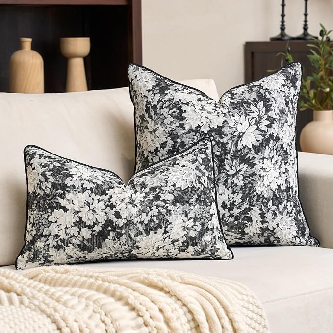 Alerfa Black Neutral Floral Pillow Cover 18 x 18 Inch, Vintage Chenille Square Couch Pillow Cover Soft Decorative Farmhouse Accent Pillowcase for Living Room Bedroom