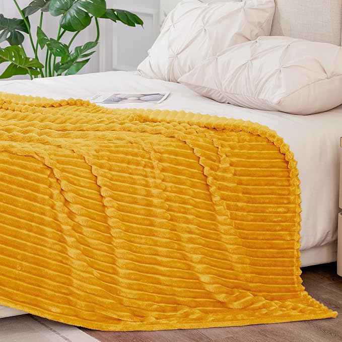 BEDELITE 3D Ribbed Mustard Yellow King Size Blankets for Bed, 108x90 Inch | Soft Warm Decorative Fluffy Blanket, Cozy Fuzzy Lightweight Plush Fleece Throw Blankets for Bed, Room Decor, Gift for Women