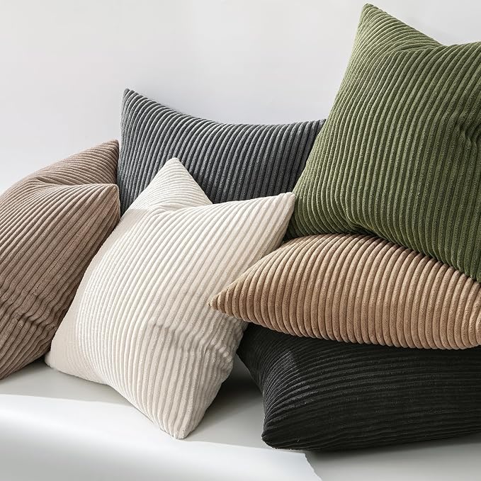 MIULEE Decorative Corduroy Throw Pillow Covers Set of 2 20x20 Olive Green | Soft Striped Textured Cushion Cases, Boho Natural Greenery Pillowcases for Home Decor, for Couch Chair Sofa Bed Living Room