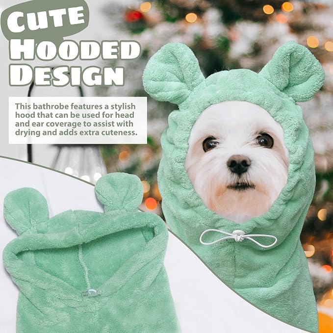 Dog Bathrobe Super Absorbent Towel Robe - Microfiber Bath Towels Fast Drying Coat for Dogs, Cute Dogs Clothes Adjustable Collar & Belly Strap Warm Keeping Hooded Dog Towel (Light Green, Medium)