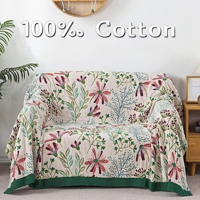 Boho Throw Blanket for Bed 100% Cotton Bohemian Blankets Ultra Soft Woven Muslin Decorative Blankets All Seasons Vintage Quilt Knitted Blanket for Sofa Chair(Green, 90"x98")