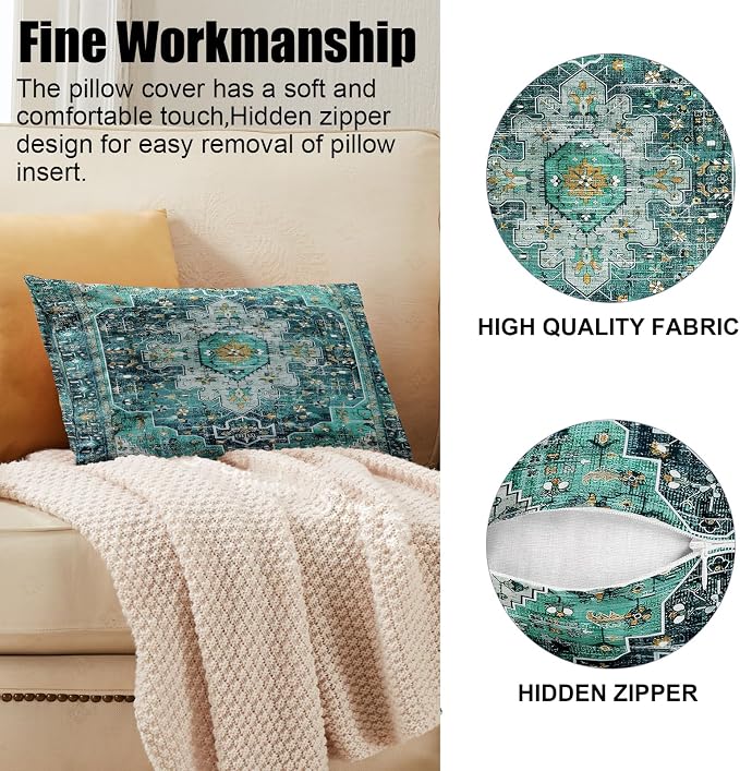Boho Throw Pillow Covers 12x20 inch Set of 2,Soft Pillowcases Bohemia Carpet Printing Pattern Decorative Sofa Living Room Bed Rectangle Pillow Case Cushion Cover-Cyan