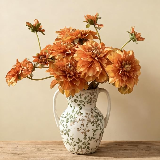 Emotionally Grounded Vase, Vaseking Large Ceramic Rustic Vase with 2 Handles, 8.3 inch Green and Beige Decorative Farmhouse Tall Vases for Home Decor, Living Room, Enterway, Table Decoration