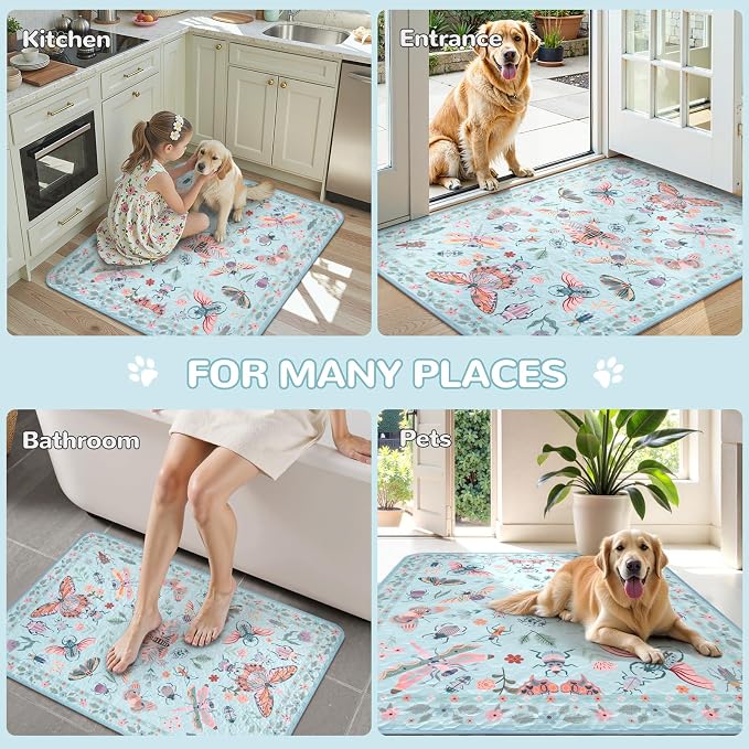 Lahome Insect Washable Reusable Pee Pads for Dogs, 2 Pack, Blue, 36x48 | Waterproof, absorbent pet mats with non-slip backing and butterfly print; suitable for crates, floors and potty training.