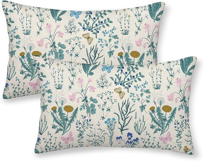 AEIOAE Spring Pillow Covers 12x20 Inch Set of 2,Blue Teal Wild Flower Plant Throw Pillows Case,Seasonal Floral Outdoor Decorative Linen Farmhouse Decor Cushion Covers for Home Sofa Bed Couch