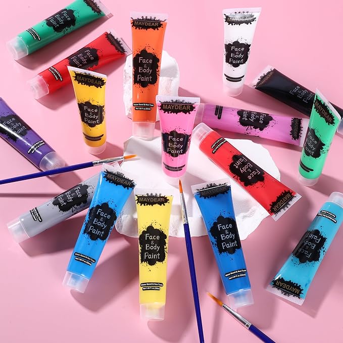 Maydear 24 Colors Liquid Face & Body Paint Kit – Non-Toxic Matte Squeeze-Tube Paints for Kids & Adults, Easy-Wash, Halloween, Cosplay & Stage Makeup