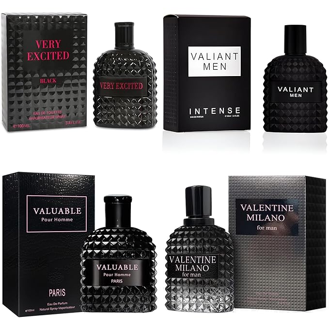 A CENTER Men's Cologne Gift Set Include Valentine Milano,Valiant,Very Excited & Valuable Paris - 3.4 Fl Oz Each | Vanilla Bourbon, Leather & Amber Floral Fragrance | Luxury Eau de Toilette Quartet