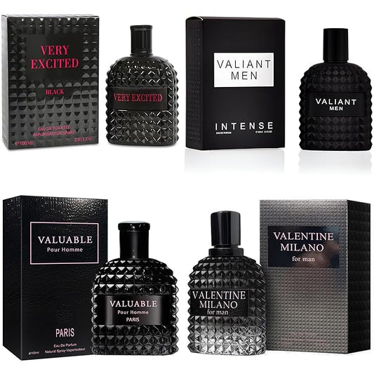 A CENTER Men's Cologne Gift Set Include Valentine Milano,Valiant,Very Excited & Valuable Paris - 3.4 Fl Oz Each | Vanilla Bourbon, Leather & Amber Floral Fragrance | Luxury Eau de Toilette Quartet
