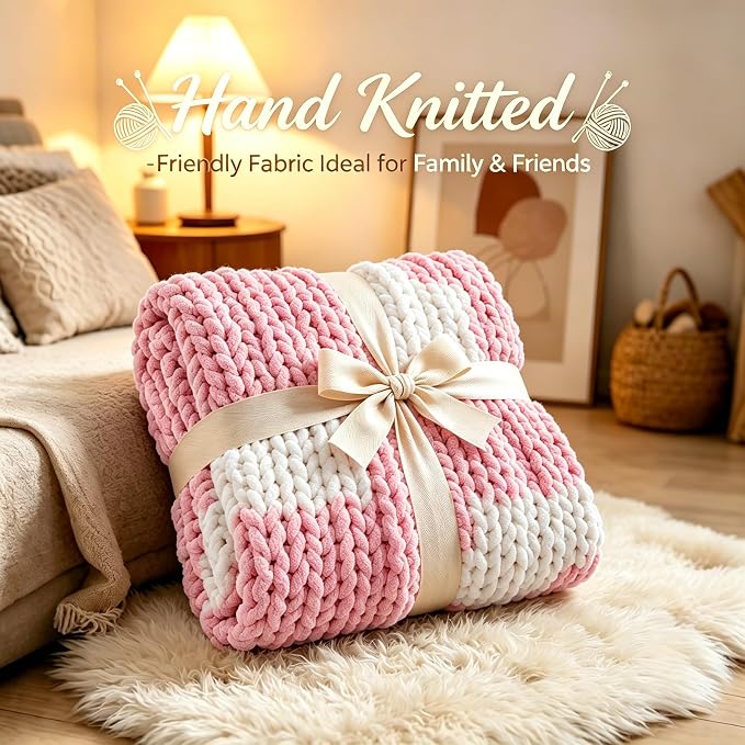 Chunky Knit Blanket Throw for Couch, 51"x63" Chunky Yarn Knitted Blankets | 100% Hand Knit Thick Chenille, Soft Breathable for Bed, Sofa, Home Decor, Cozy Gifts for Women Friends, Pink Checkered