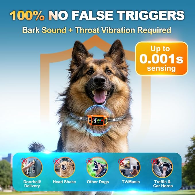 Bark Collar AI Dual-Detection, Instant Quiet Anti Bark Device 4 Training Modes, 30-Day Battery, One-Click Peace, 9 Sensitivity Automatic Dog Bark Collar for Large Medium Small Dogs, Orange