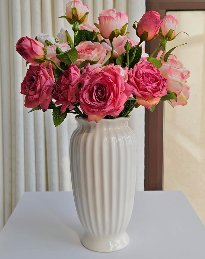 White Ceramic Vase, 9.1 Inch Water Safe Vase for Fresh Flowers, Farmhouse Home Decor Table Centerpieces for Living Room Cabinet Wedding (Rustro 9'')