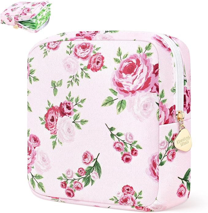 Sanitary Pad Storage Bag Portable Period Bag for Teen Pads/Sanitary Napkins/Small Tampons, Sanitary Napkin Storage Bag First Period Gifts for Teen Girls (Pink Rose Bouquet)
