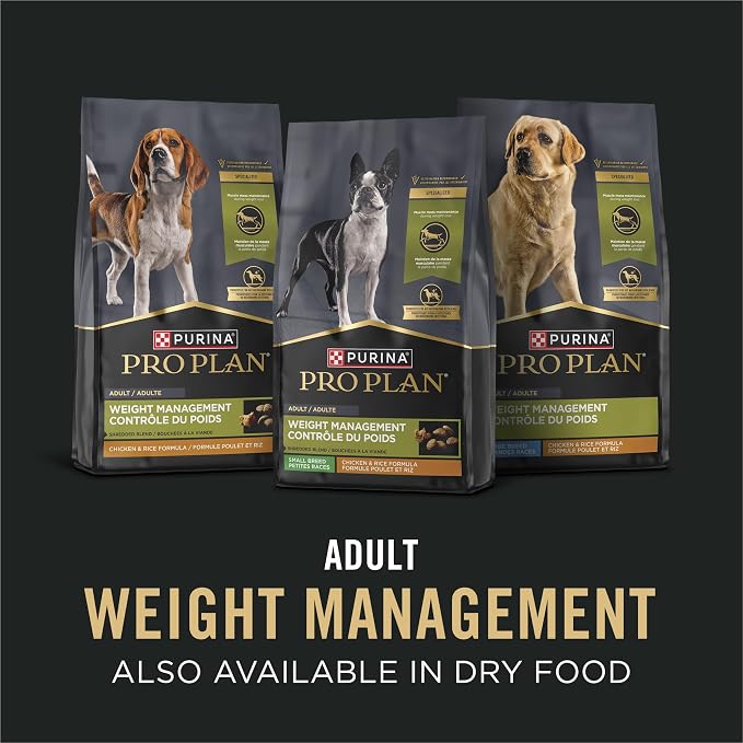 Purina Pro Plan Weight Management Wet Dog Food Variety Pack, (12) 13 oz | Chicken & Rice Entree and Turkey & Rice Entree dog food in gravy, high protein, maintains muscle mass during weight loss