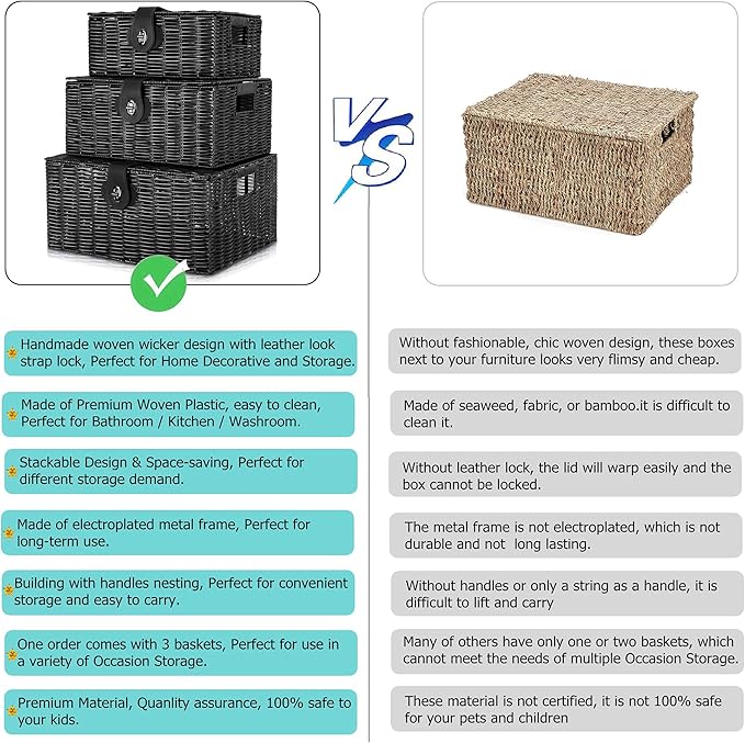 Set of 3 Woven Wicker Storage Basket Box with Lids & Lock, Built-in Carry Handles, Multifunctional Storage Organizer for Nursery, Baby, Clothes, Toys, Books, Large/Medium/Small Size (Black)