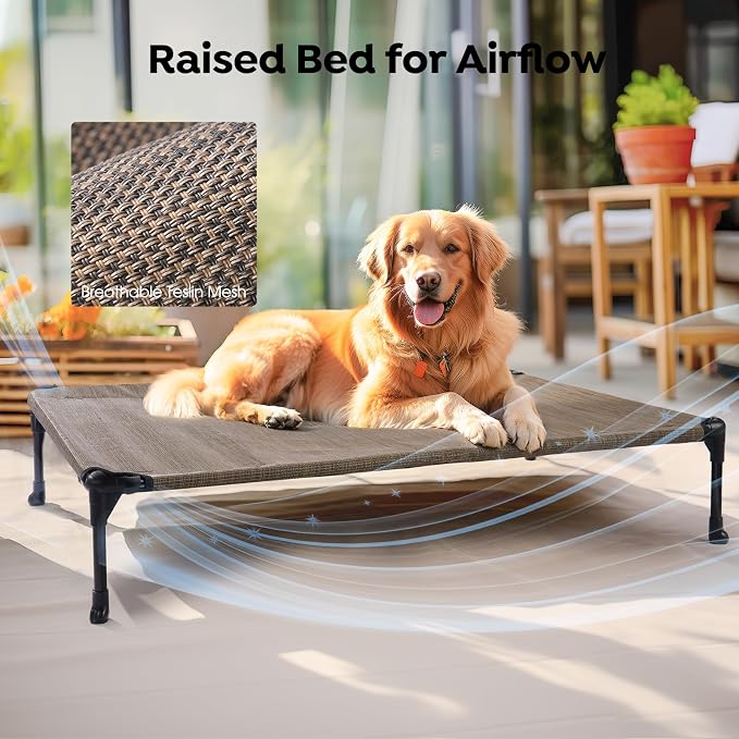 Veehoo 2 Pack Outdoor Elevated Dog Bed for Large Dogs, Cooling Raised Cots | Off-ground training platform, portable camping hammock, breathable mesh, easy to clean, no-tool setup, 42"x30", Brown