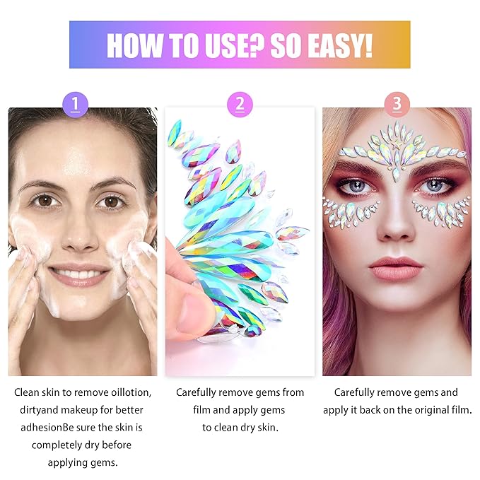 SAOROPEB Face Gems - 6 Sets Mermaid Face Jewels Temporary Tattoo Stickers Acrylic Crystal Glitter Stickers Waterproof Eye Gems Stick On Rainbow Tears Rhinestone for Party, Rave Festival