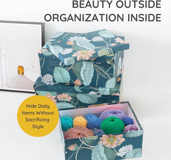Soul & Lane - Enchanted Garden Decorative Storage Boxes with Lids, Set of 3 | Large Nesting Paperboard Storage Boxes for Keepsakes and Photos, Bold Dark Floral Containers for Home Decor