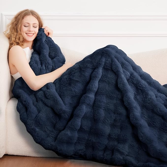 Comelady Soft Fluffy Faux Fur Throw Blanket 50"x60", Bubble Plush Texture | Navy Blue Thick Fuzzy Throw, No-Shedding, Aesthetic & Cozy for Couch Bed Room Decor, Warm Gift for Women Men