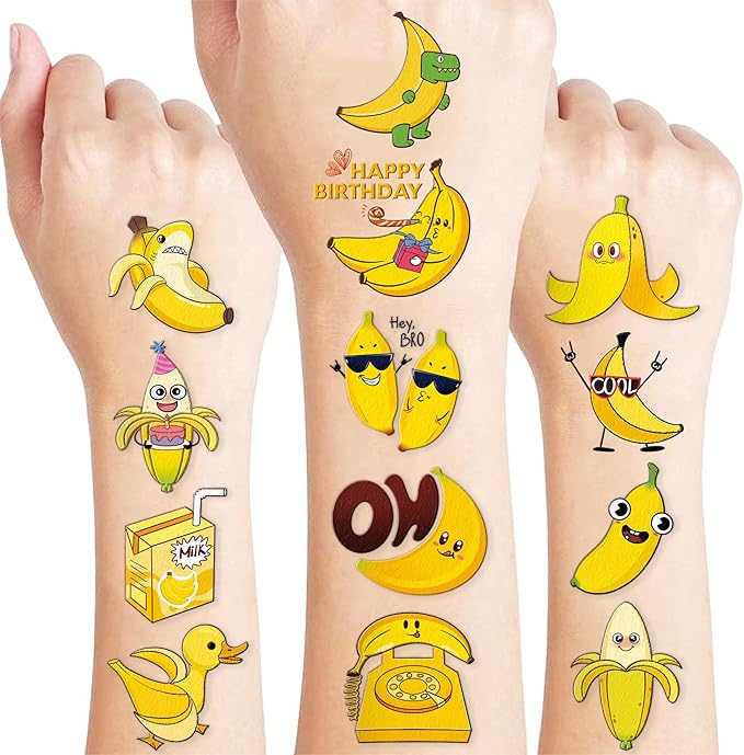 96PCS Banana Pre-Cut Temporary Tattoos for Kids | Super Cute Themed Birthday Party Favors, Supplies, Decorations, Cute Funny Fruit Fake Tattoo Stickers, School Rewards Prizes & Gifts for Boys & Girls