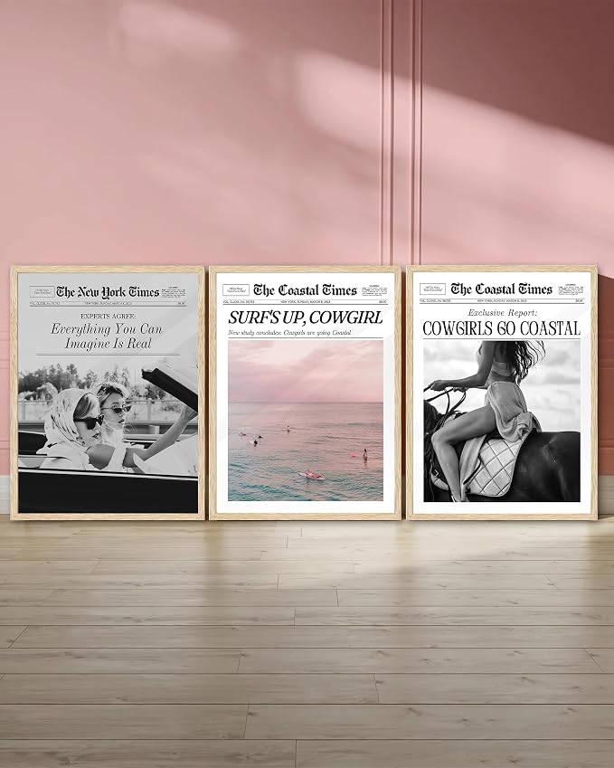 iHery 12x16in Surf’s Up Cowgirl Framed Newspaper Wall Art | Natural OAK Wood Frame with Canvas Print, Coastal Cowgirl Decor for Bedroom, Dorm, Living Room and Bar Cart, 1Pack