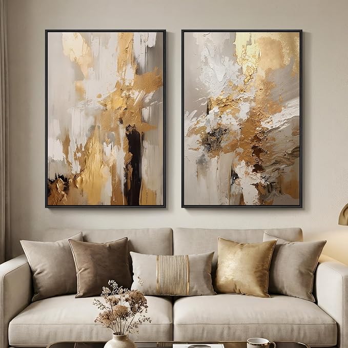 Framed Modern Luxury Brown Gold Abstract Wall Art for Living Room, 24x36 In | 2 Piece, Canvas prints, Brown gold paintings, Wood framed, Elegant luxury pictures, Dining room bedroom wall decor