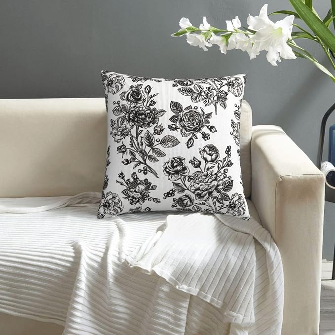 Black White Vintage Floral Throw Pillow Covers 18x18 Inches Set of 2 Farmhouse Square Cushion Cases