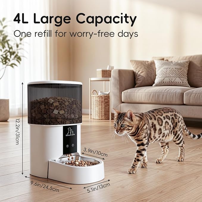2.4G WiFi Automatic Cat Feeder, 4L/17 Cups Smart Food Dispenser | App Control, Timed 1-6 Meals & 1-12 Daily Portions, Stainless Steel Bowl, Clog-Free Design, Dual Power & Lock-Fresh Tech