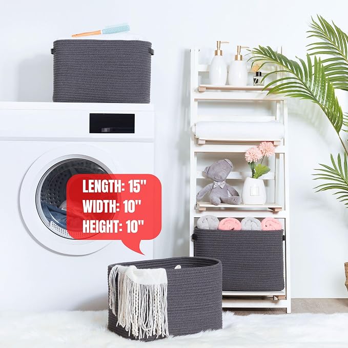 3-Pack Decorative Woven Storage Baskets for Shelves, Cube Bin Box for Organizing Books, Shoes, Dog Toys, Pantry Closet and Living Room Organizer, Charcoal / Black